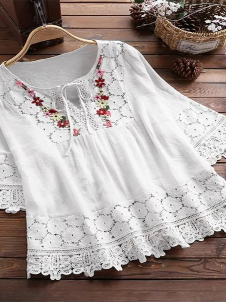 Ladies Solid Cotton And Linen Stitching Lace Flower V-neck Loose Fit Blouse.