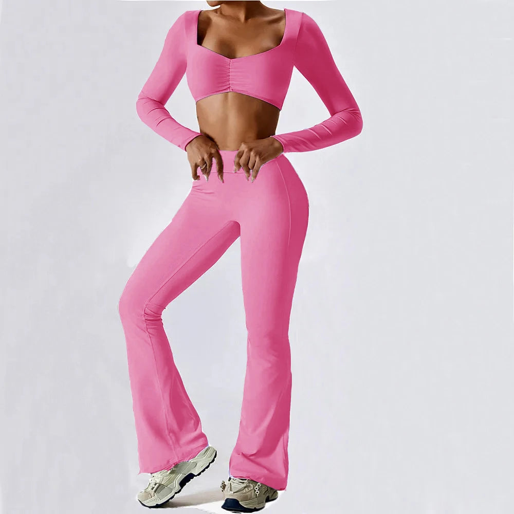 2-Pc Long Sleeve Pad Crop Top Yoga Set Big Leg Flare Scrunch Pant .