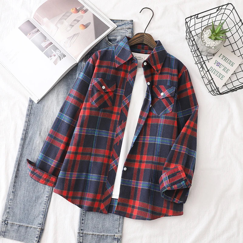 Cotton Flannel Plaid Casual Slim Fit Long Sleeve Top.  XS-3XL