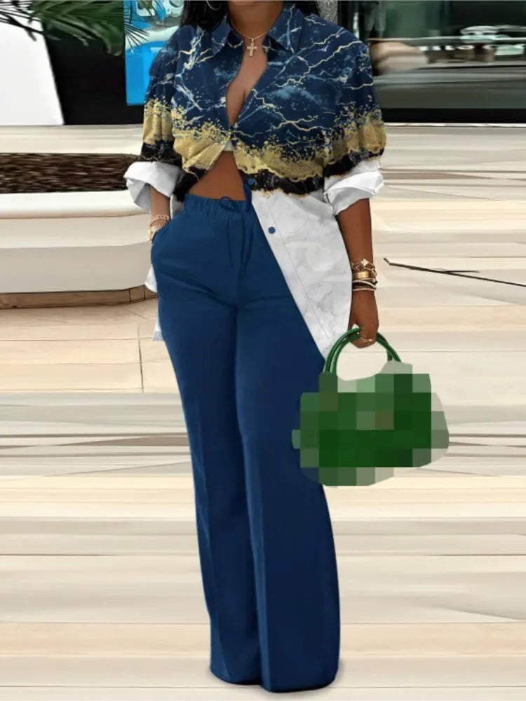 Women's Fashion Casual Printed Long Sleeved Pants Set Sexy Hip Long Pants And Shirt Two Piece Set.  S-3X