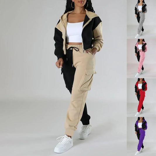 Women Loose Two Piece Matching Set Zip- Up Hoodie And Drawstring Cargo Pants Suit.  S-2x