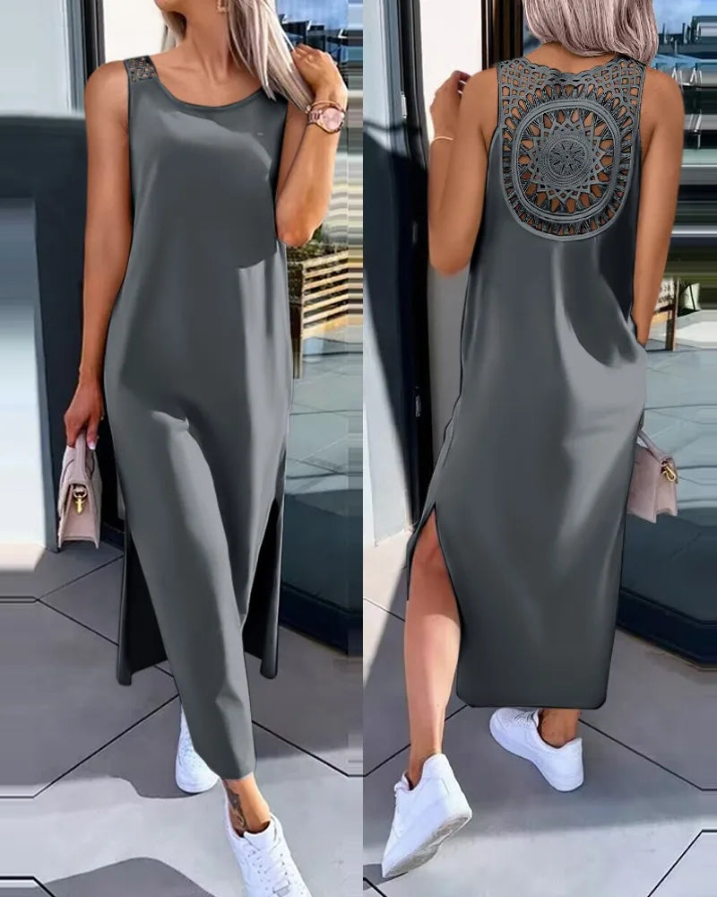 Hollow Out Solid Long Dress Women Fashion Sleeveless O-neck Maxi Dress.  S-2X