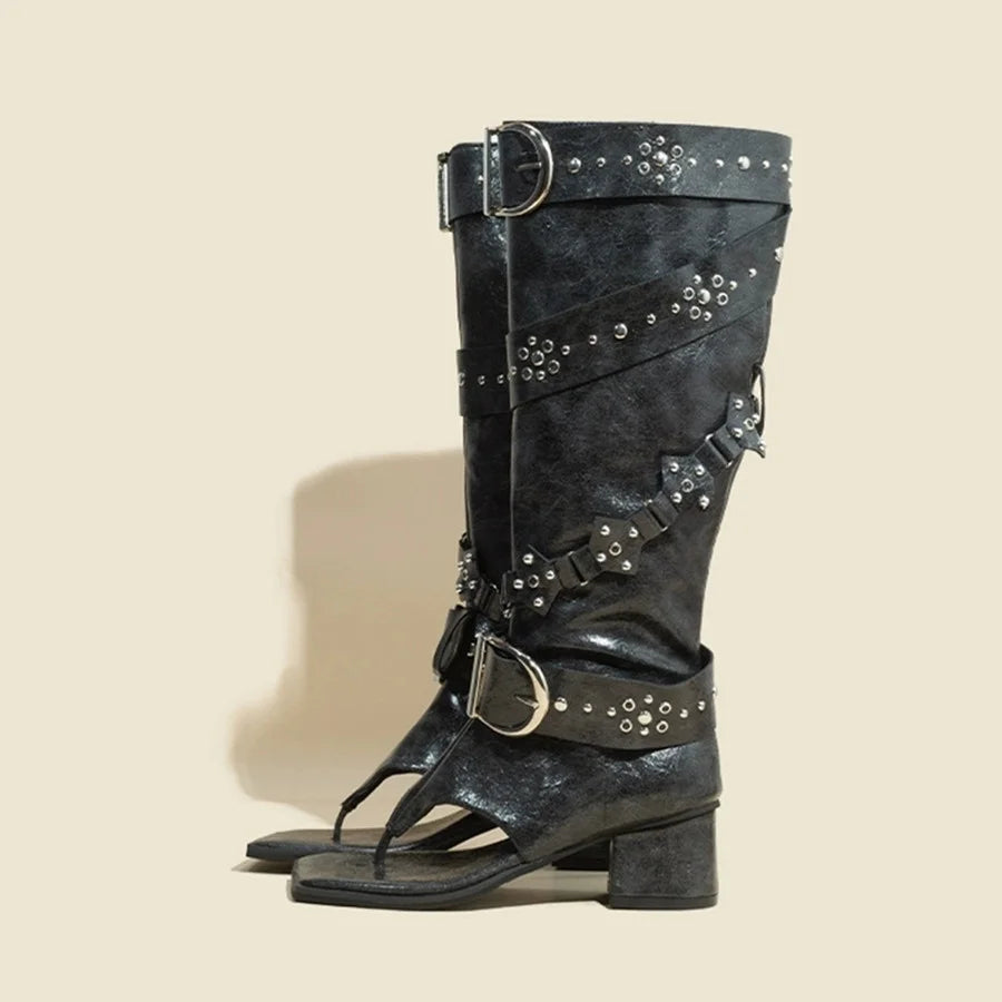 Retro Women Gladiator Open Toe Chunky Heel Summer Boots Fashion Runway Knight Sexy Sandals