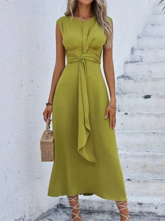 Women's Summer Solid Color Waistband Long Sleeveless Slim Elegant Dress 2025.   S-2X