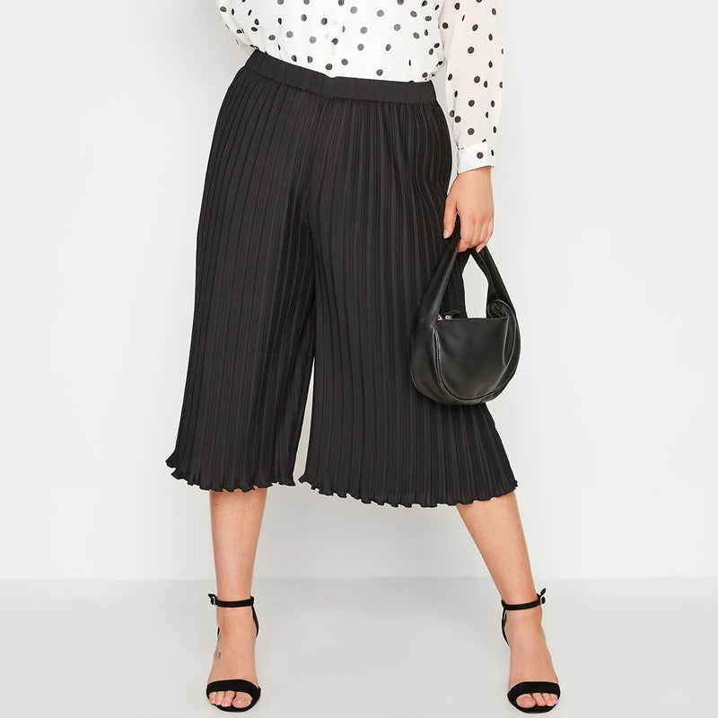 Plus Size Summer Elegant Pleated Capri Pants Women High Waist Loose Casual Wide Leg Cropped Pants Trousers For Any Occasion
