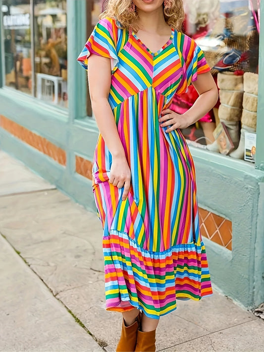 Plus Size1XL-5XL V-neck Rainbow Print Dress Loose Lotus Sleeve A-line Skirt Milk Silk Fabric Elastic Comfortable Breathable Ball