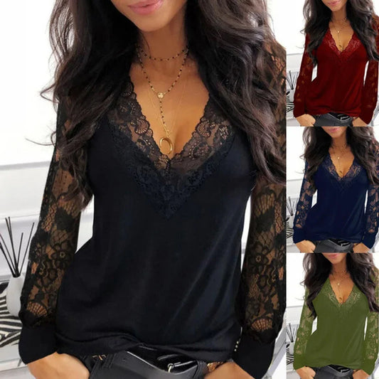New Ladies Sexy Fashion Lace Slimming V-Neck Shirt.  S-3x