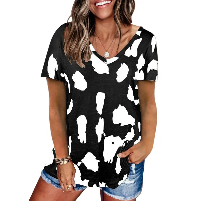 Summer Hot Sale Of The Season Women's Loose Casual V-neck Short Sleeve Leopard Print Top Fashion Style