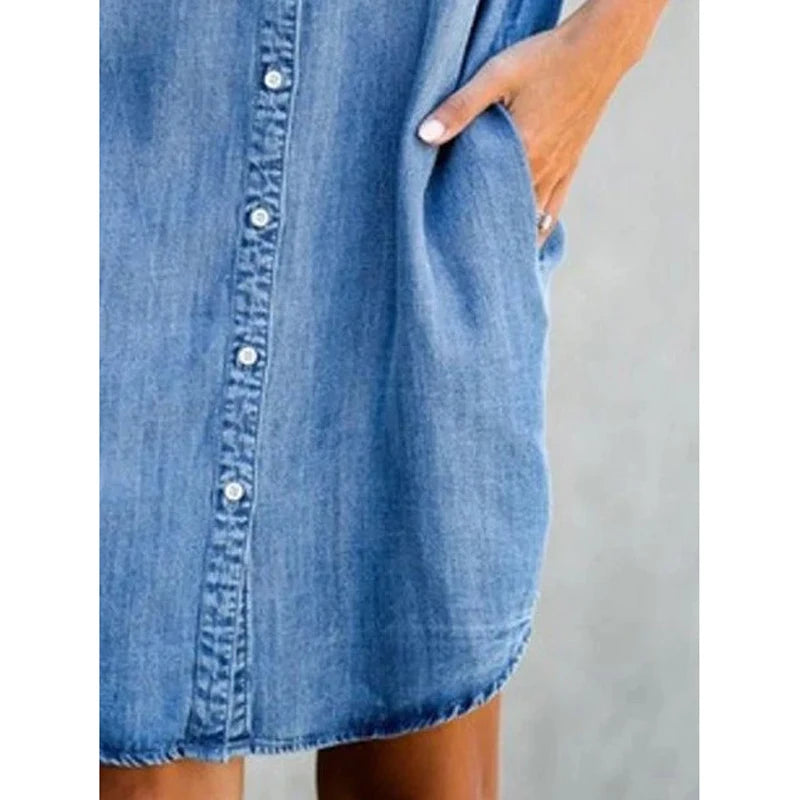 Summer New Single Breasted Denim Shirt Dress Casual Loose Pocket Simple Retro Denim Dress.  S-5X
