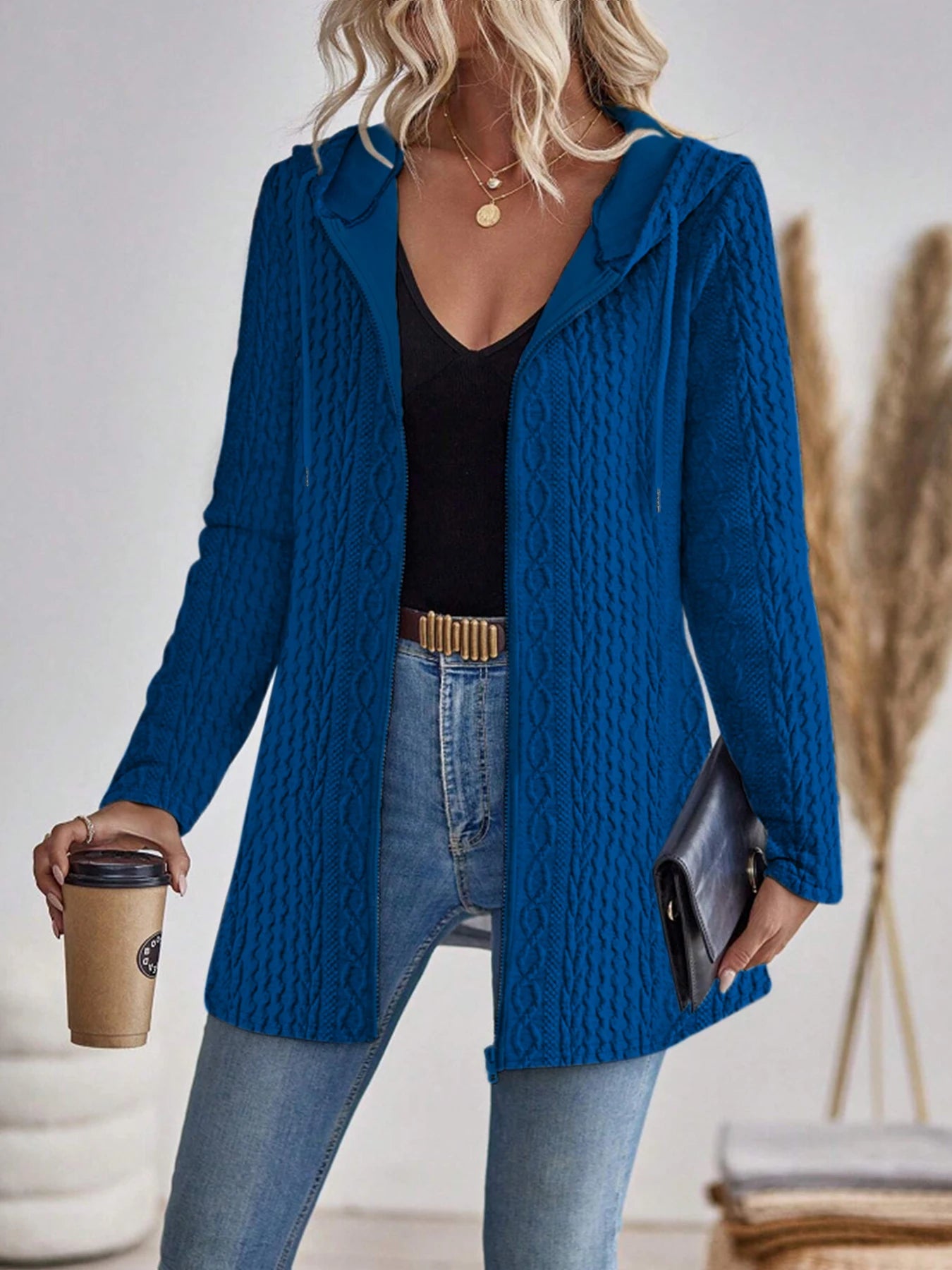 Elegant directional women's fashionable texture solid colour zipper hooded zip-up.  S-2x