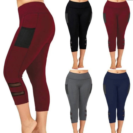 Women's Curvy Size Yoga Leggings with Pockets Solid Hollow Out Stretchy Skinny Pants Pocket Running Pants