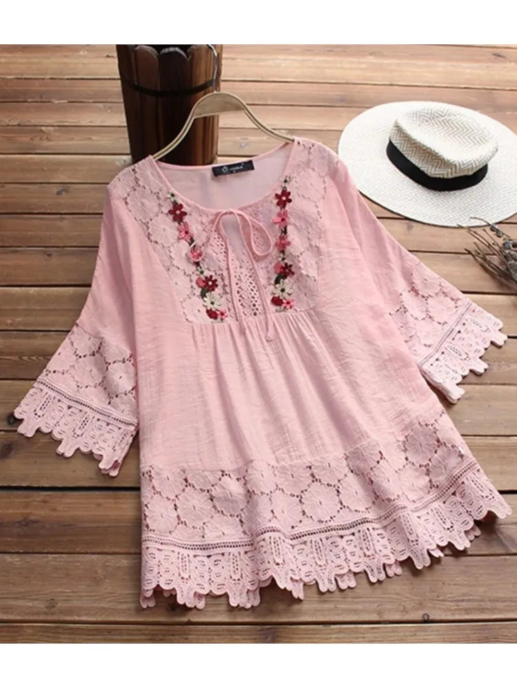 Ladies Solid Cotton And Linen Stitching Lace Flower V-neck Loose Fit Blouse.