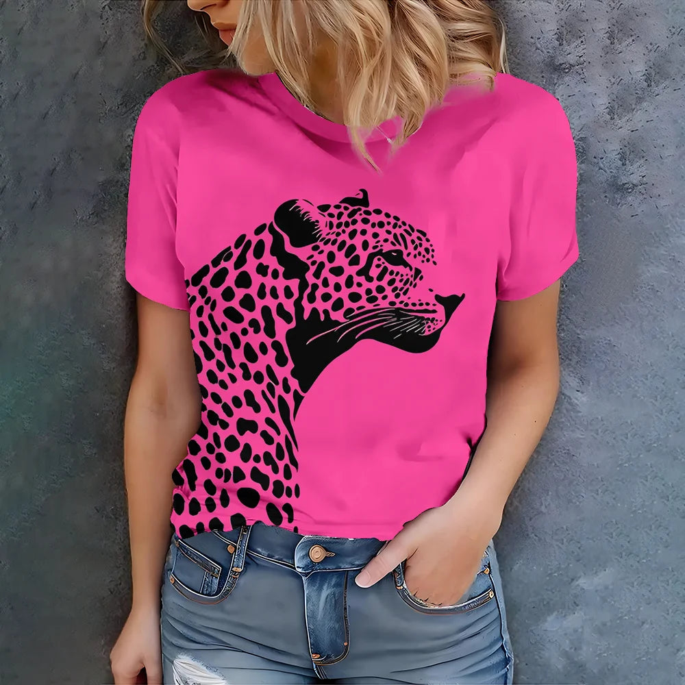 Women's Bright Pink T-Shirt with Black Leopard Print Casual Summer Style Short Sleeve Top For Daily Wear.   XS-3X
