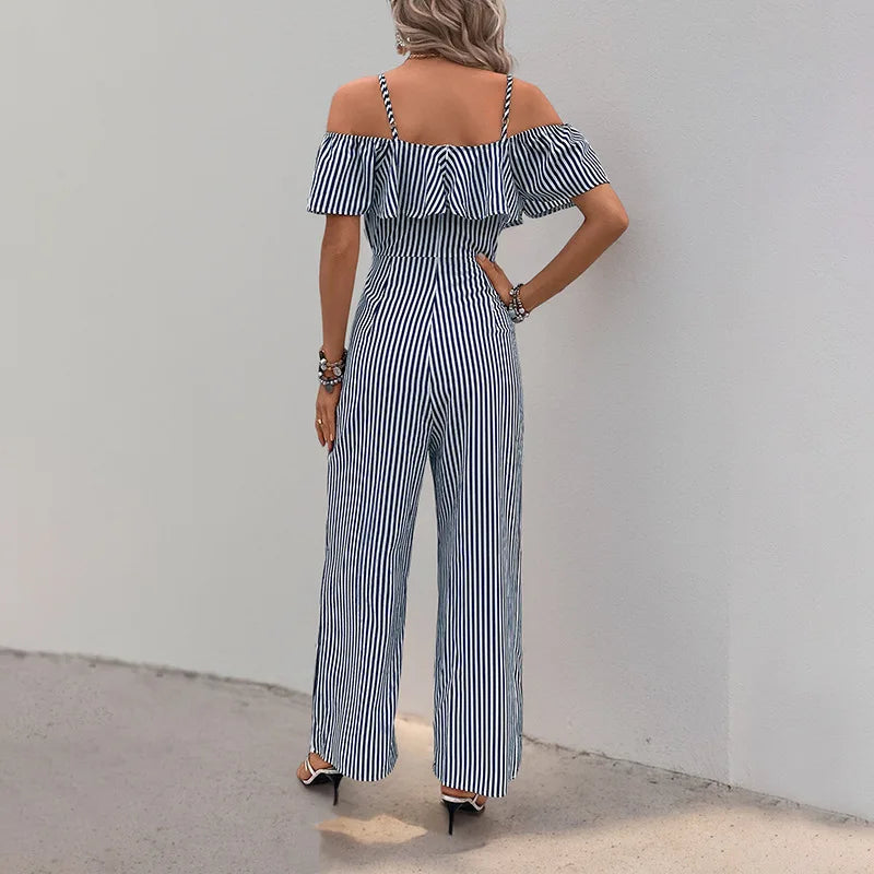 Jumpsuits Women One Piece Striped V Neck Wide Leg Long Pants High Waist Rompers 2025.  S-XL
