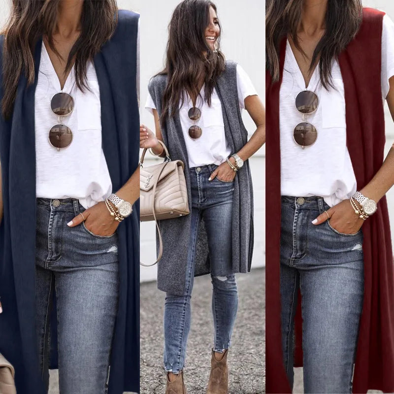Fashion Women's Casual Knitwear Sleeveless Trendy Long Vest Jacket.  S-XL