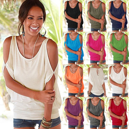 Sexy Batwing  Summer Women V Neck Short Hollow Out Sleeve Solid Colour Loose Top.  S-3X