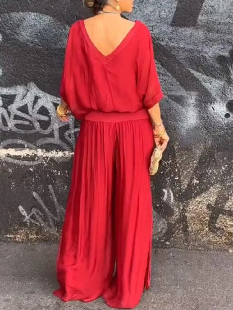 Women's Sexy V-neck Short Sleeved Top And Wide Leg Pant Set Chiffon Casual Loose Outfit.  S-3X