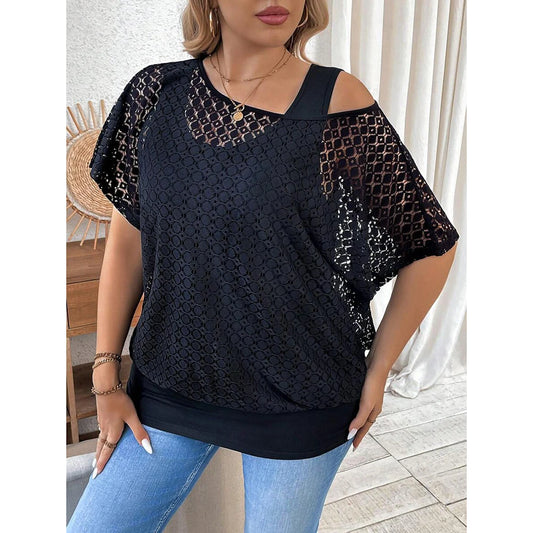 Plus Size Mesh Hollow Out Women’s Blouse Elegant Asymmetric Neck Short Sleeve 2-Piece Set .