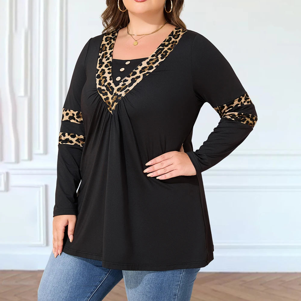 Plus Size Women's Leopard Long Sleeve Top Casual Loose And Comfortable