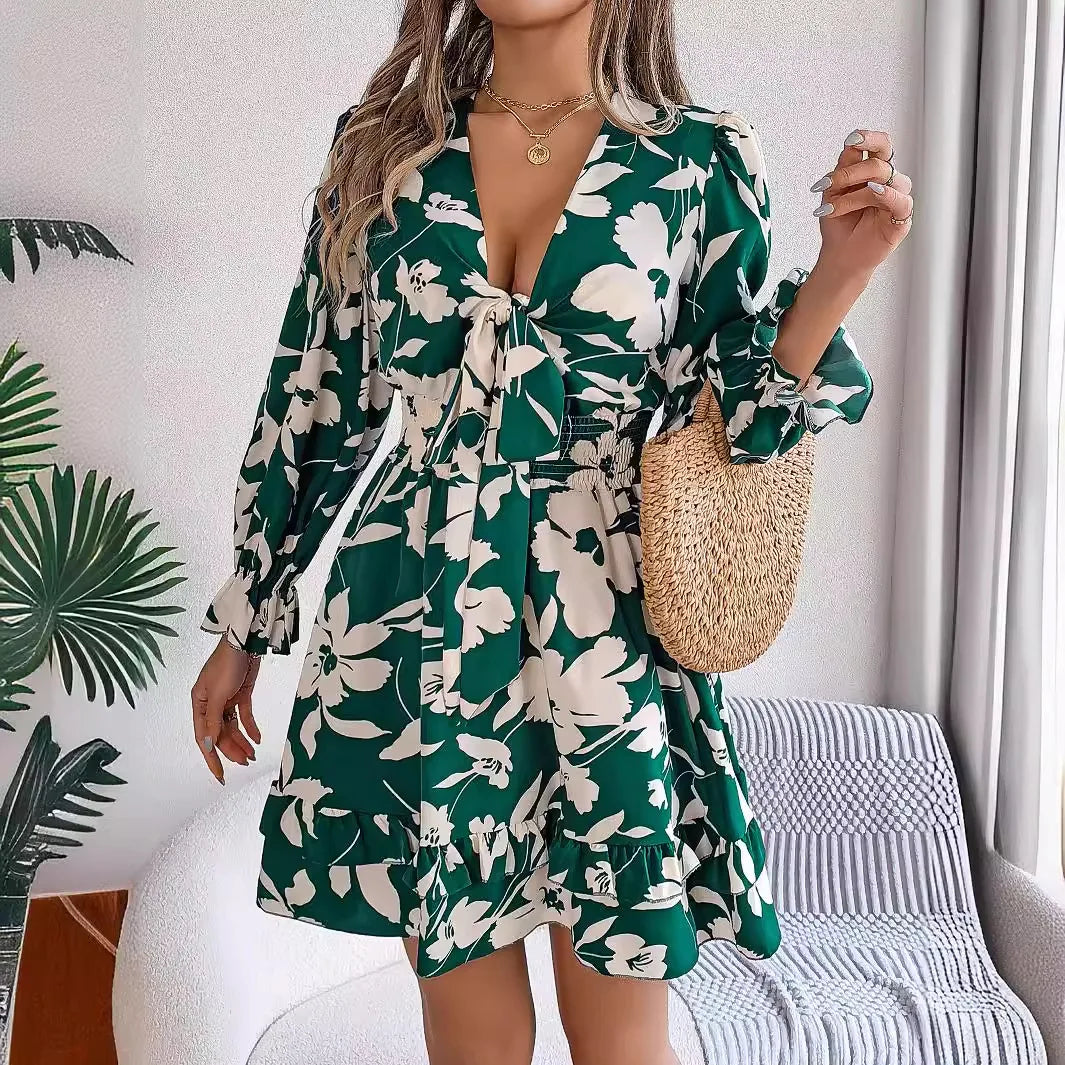 2025 Spring Summer Women's Long Sleeve Flower Printed V-neck Fashion Elegance Dress