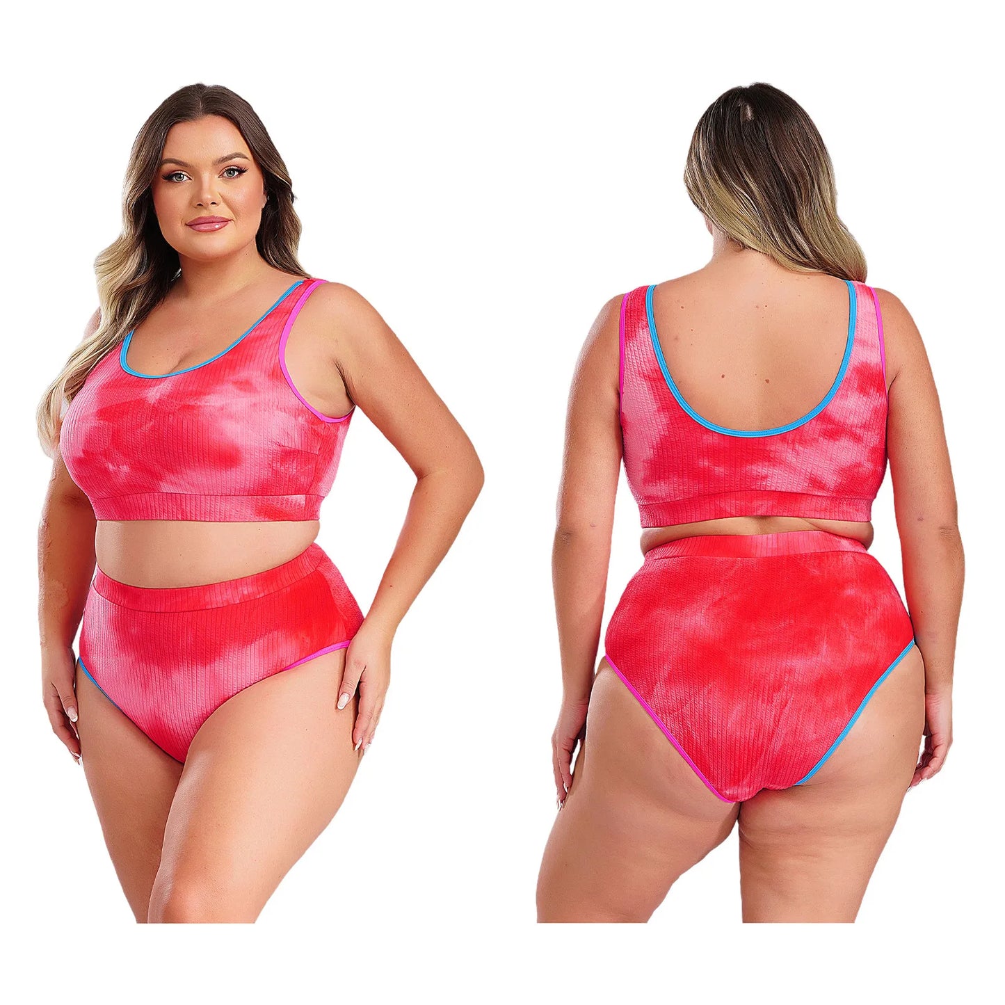 Womens Plus Size Sporty Swimsuit Two Pieces U Neck High Waisted Tankini Set Color Contrast Beach Swimming Bathing Suit Swimwear