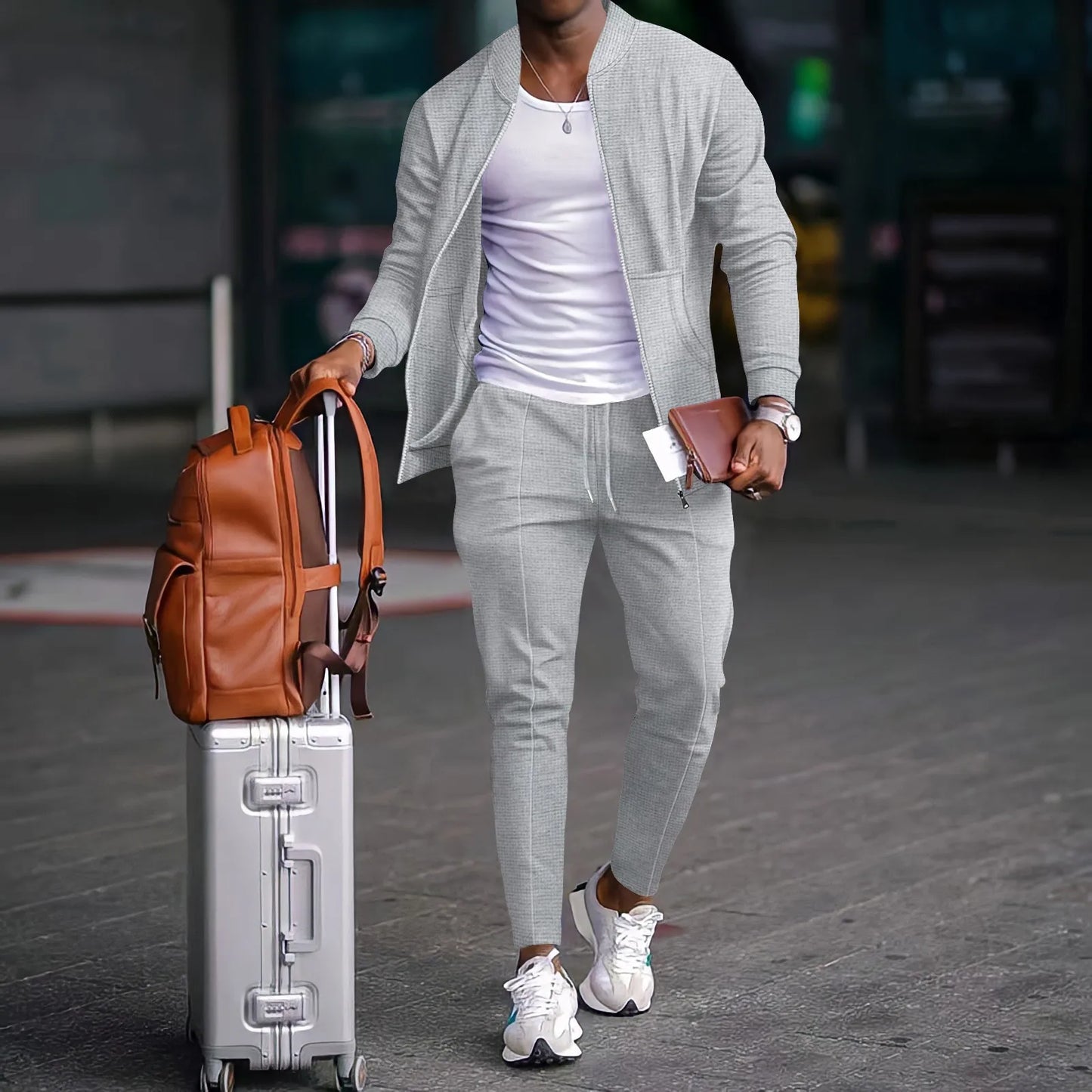 2025 new spring and autumn men stand collar solid color baseball casual Waffle full pants two piece men's suit.  SZ: S-3X