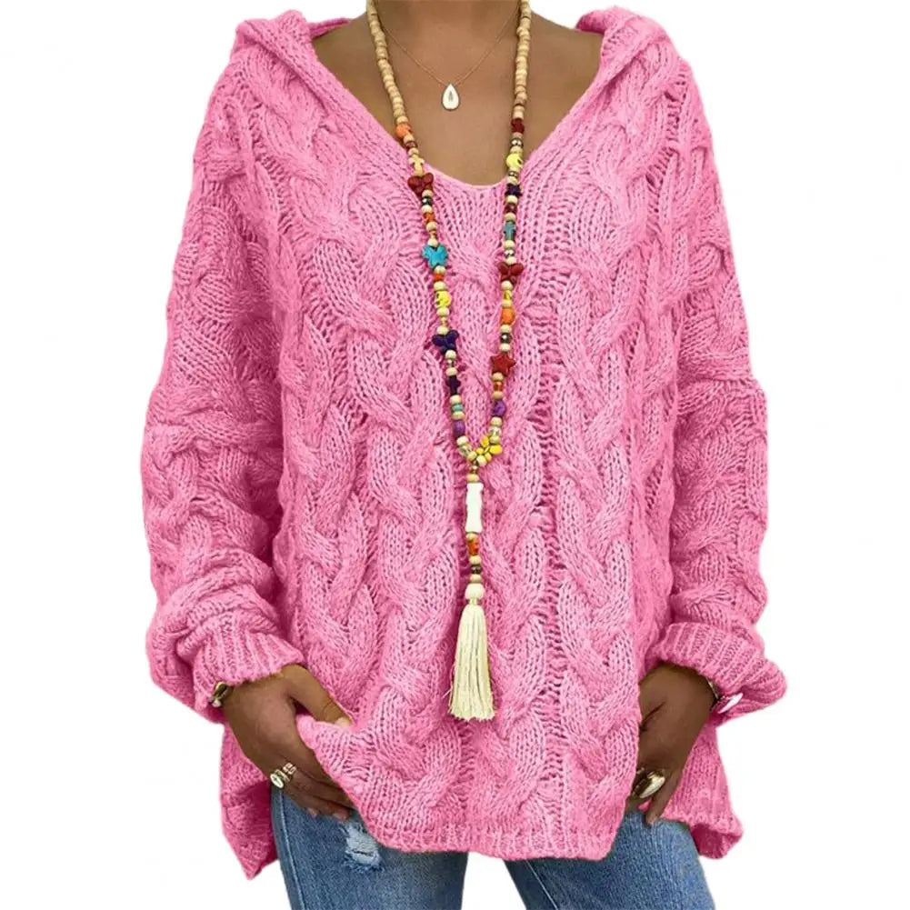 Hooded V-Neck Long Sleeves Twist Knitted Solid Colour Loose Sweater.  S-3x