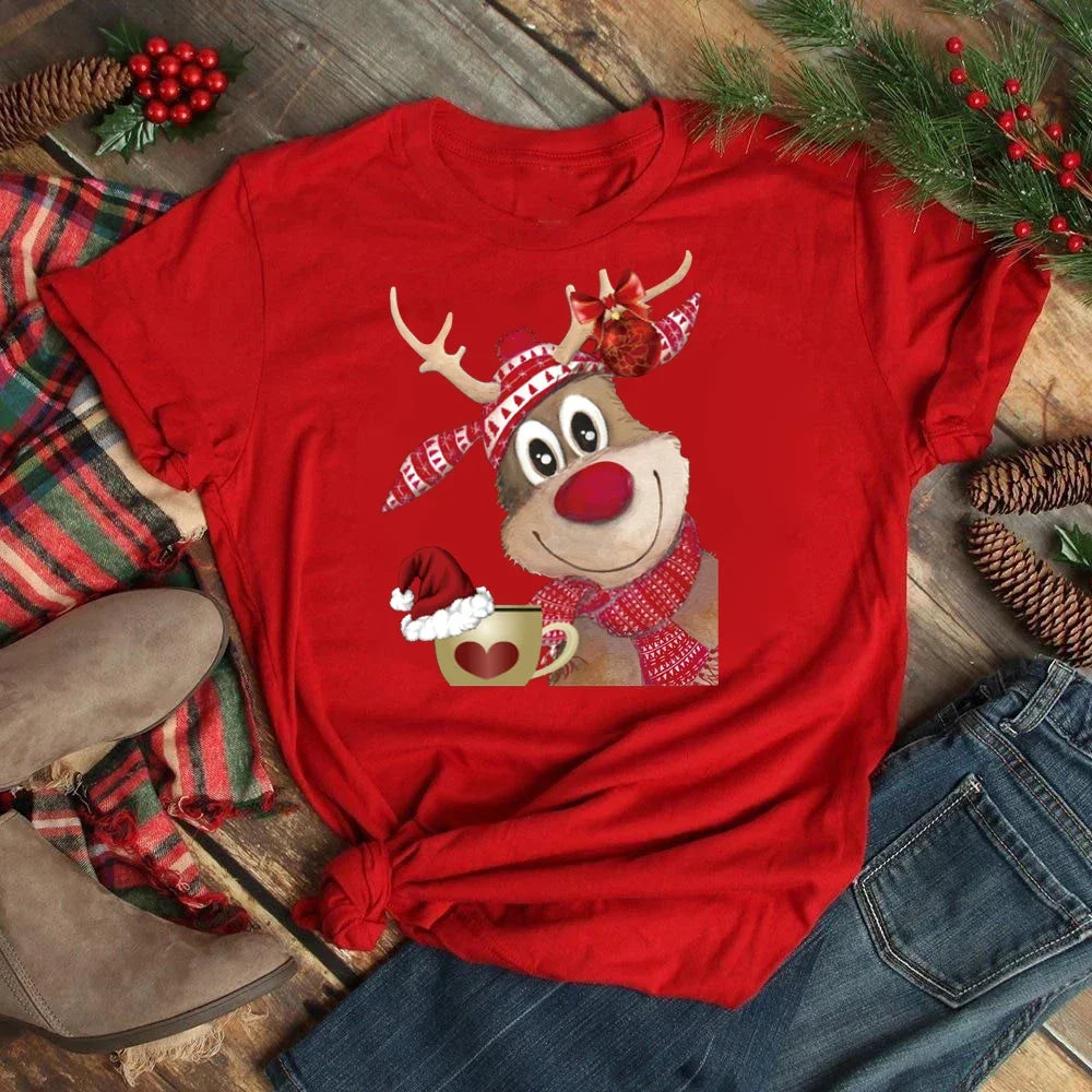 Women's Kawaii Christmas Top - Santa Claus & Deer O-Neck Y2K T-Shirt.  S-3X