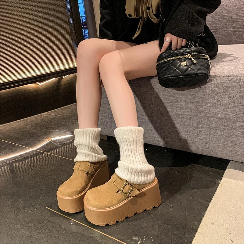 Women High Platform Slides 7CM Wedges Shoe Faux Suede/Leather Casual Chunky Summer Breathable Slip -Ons