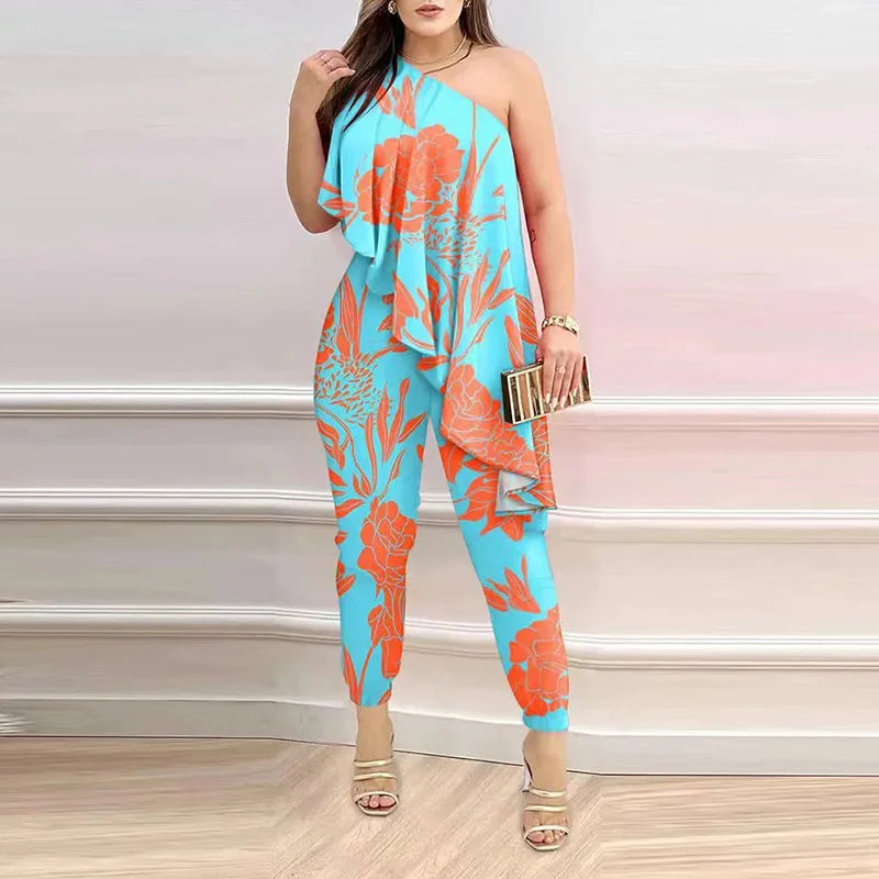 New Pencil Pants Women Summer Printed Fashion Skew Collar Sleeveless Ruffles Jumpsuit.  S-2x