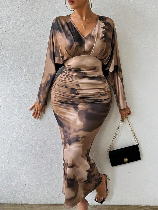New V-neck pleated ladies sexy slim European style trendy long dress.  S-XL