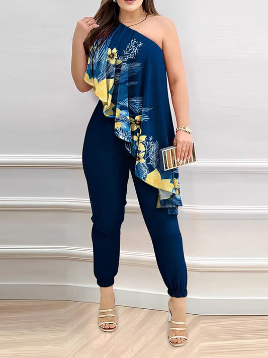 New Pencil Pants Women Summer Printed Fashion Skew Collar Sleeveless Ruffles Jumpsuit.  S-2x
