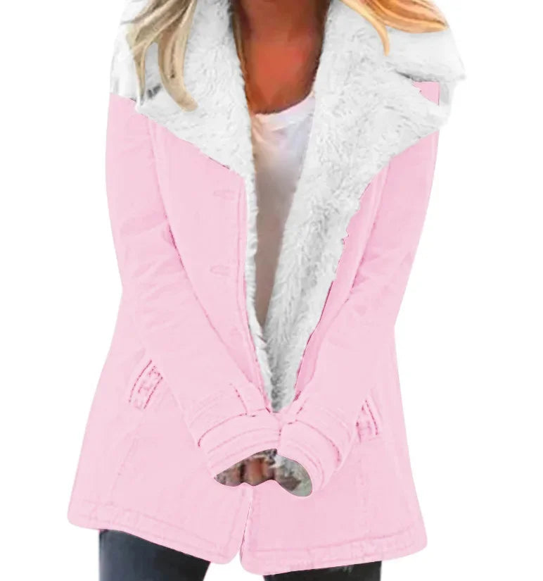 Women Autumn Winter Solid Color Plush Lapel Fashion Casual Jacket.  S-3X