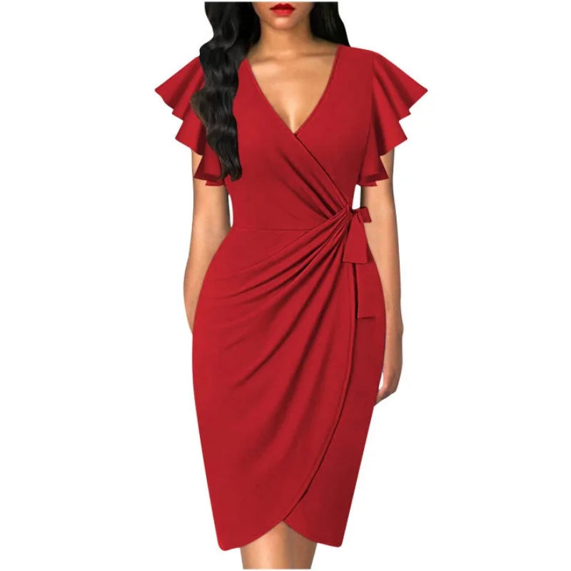 Sexy Summer Cocktail V Neck Ruffle Sleeve Ruched Formal Wedding Dress.  S-2X