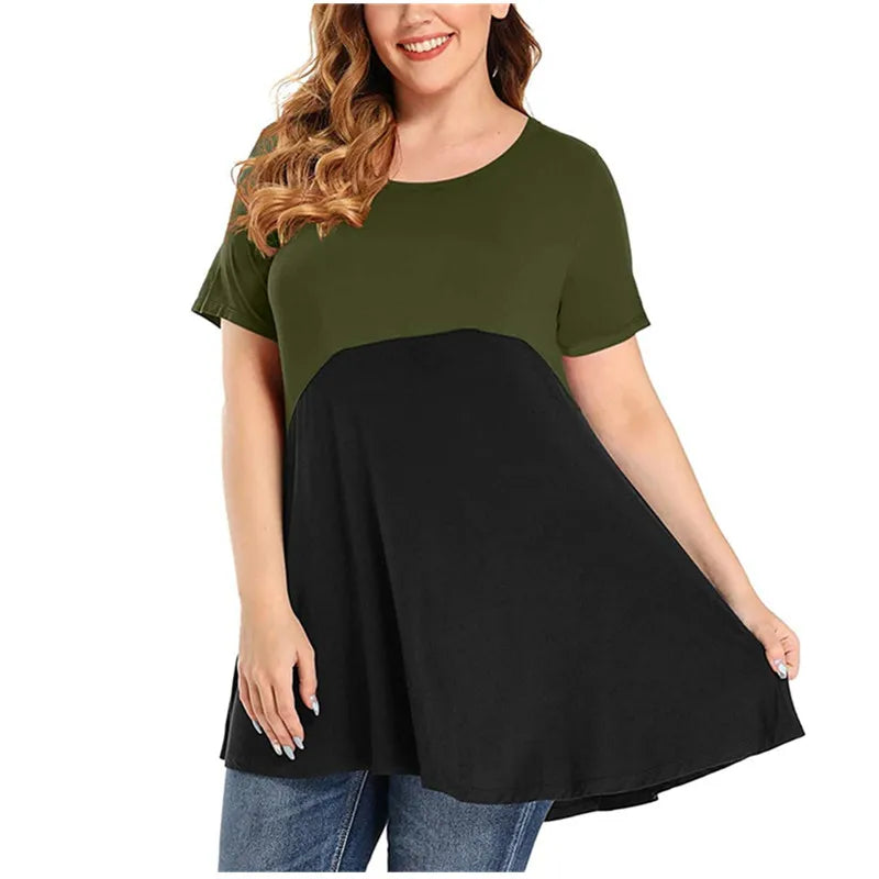 Women Shirt Plus Size Loose Short Sleeve Casual Ladies Contrast Colour Shirt.