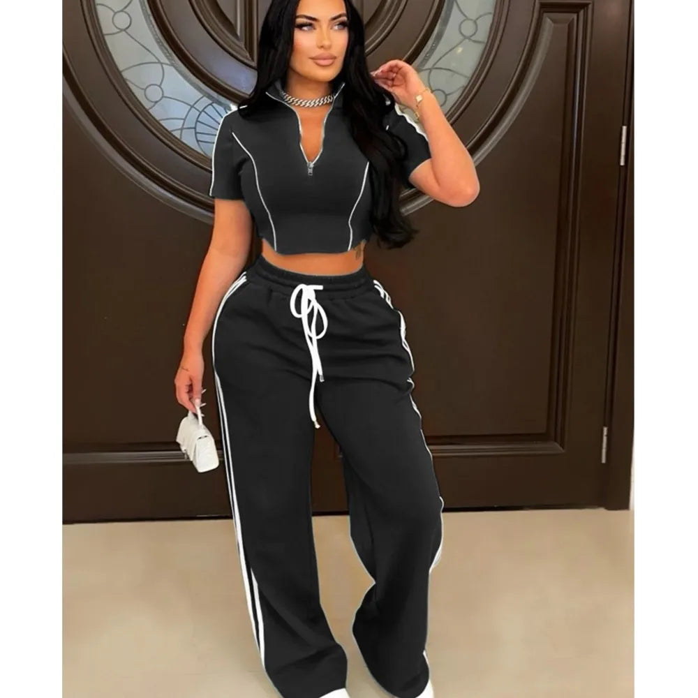 Fashion Casual Short Hoodie 2 Piece Women Short Sleeved Sport Shirt Stripe Splicing Long Pant Suit.  S-2X