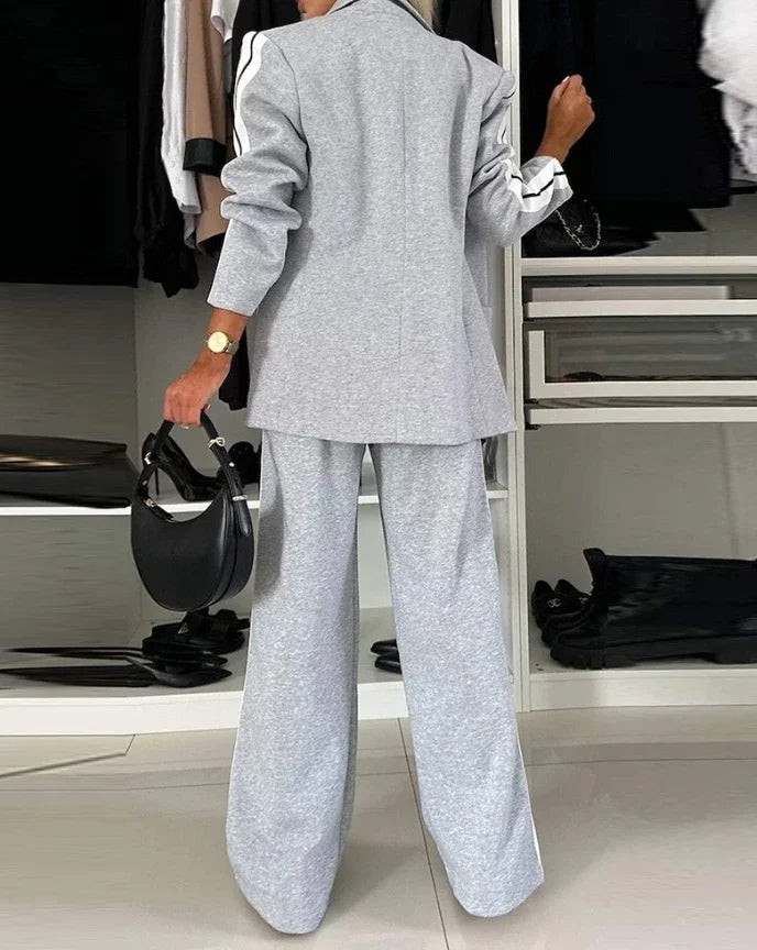 Women's Fashion Latest Striped Side Sporty Tape Notched Collar Front Button Blazer Wide-Leg Pants  Set