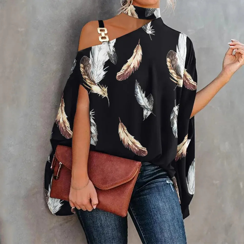 Sexy Halter Loose Blouse Elegant Print Off Shoulder Batwing Sleeve Summer Fashion.  S-2X
