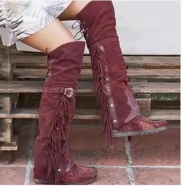 Ladies Fashion Bohemian Knee-length Women Boots Ethnic Personality High Boot Tassels Faux Suede Boots .