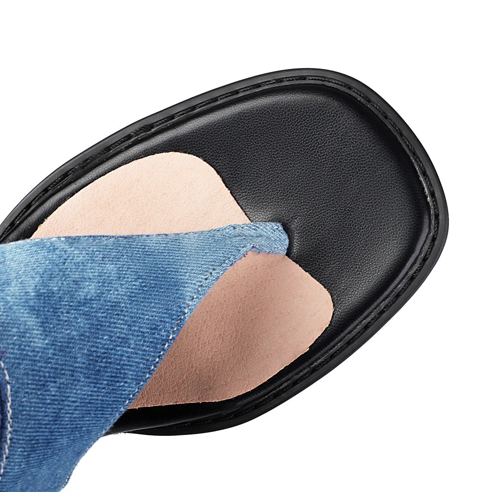 Summer Women Open Toe Boots Chunky Heel Flip-Flops Knee-High Boots With Belt Buckle