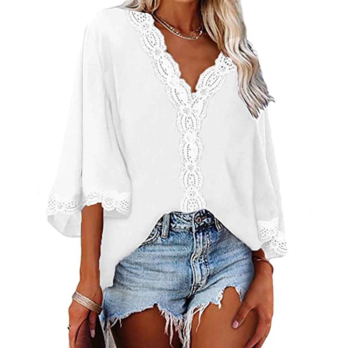 European style spring and summer new women's shirt flared sleeve V-neck loose shirt.  S-2X