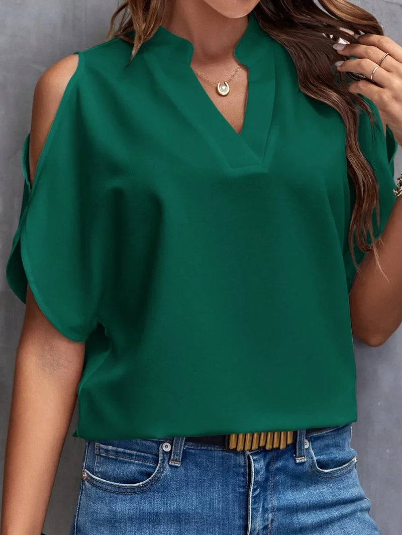 Elegant V- Neck Summer Fashion Blouse.  S-2X