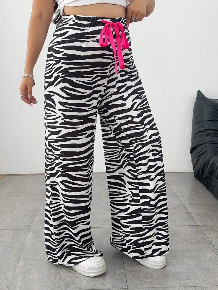 Plus Size Ladies Casual Fashion Zebra Print Loose Wide Leg Long Pants Polyester Tie Belt All Season Wear.  XL-4X
