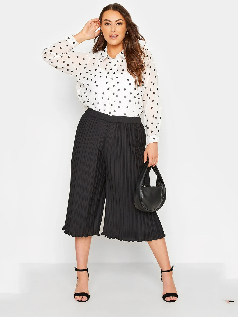 Plus Size Summer Elegant Pleated Capri Pants Women High Waist Loose Casual Wide Leg Cropped Pants Trousers For Any Occasion