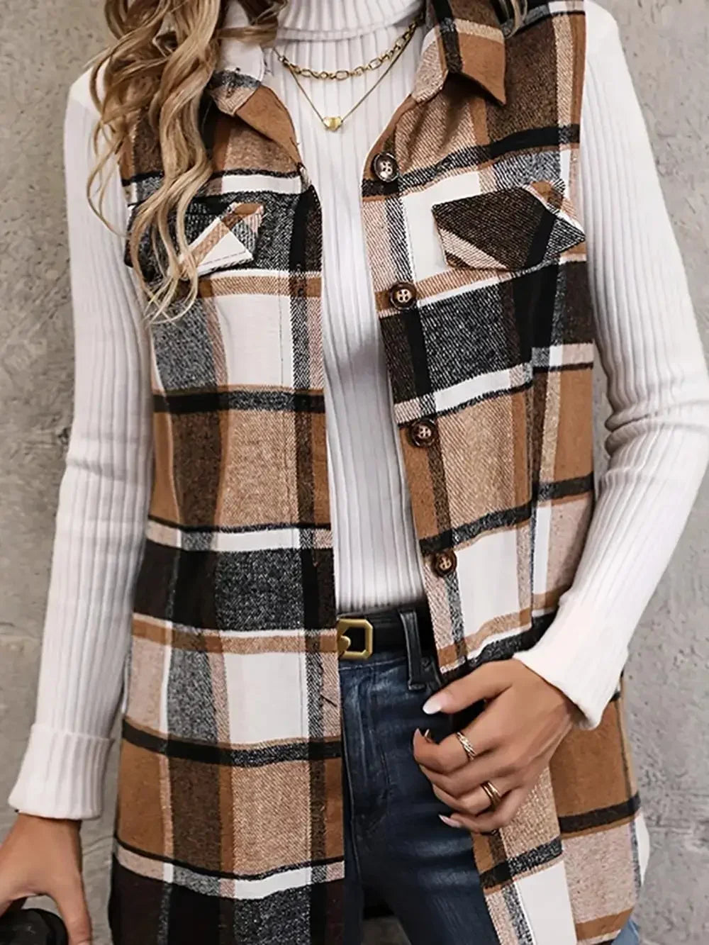 Women Plus Size 1XL-5XL Plaid Print Sleeveless Thick Thermal Vest Women Outwear.  1X-5X