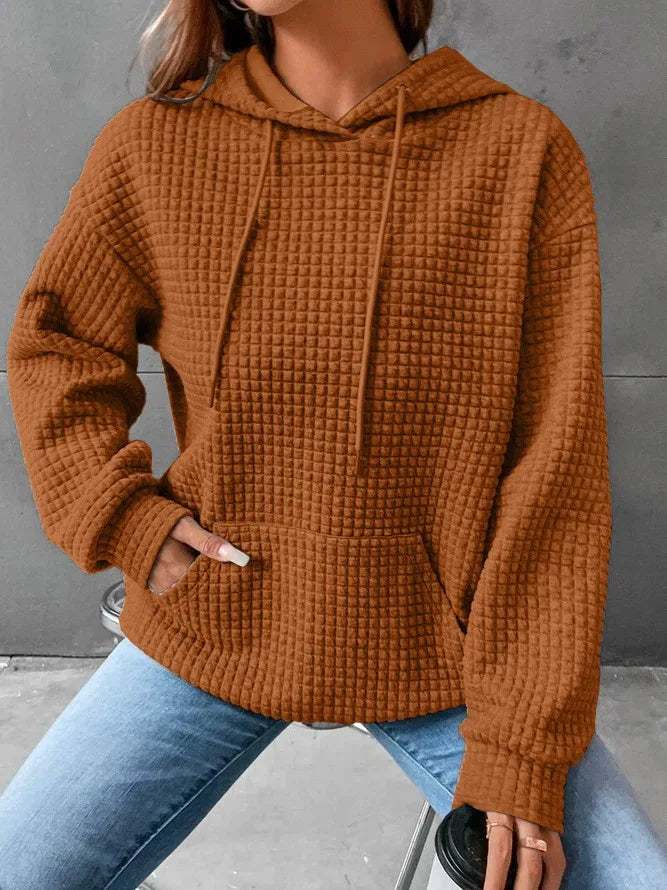 Women's hooded sweatshirt spring and autumn style waffle fashion beautiful solid color hooded drawstring loose sweatshirt.  S-2XL