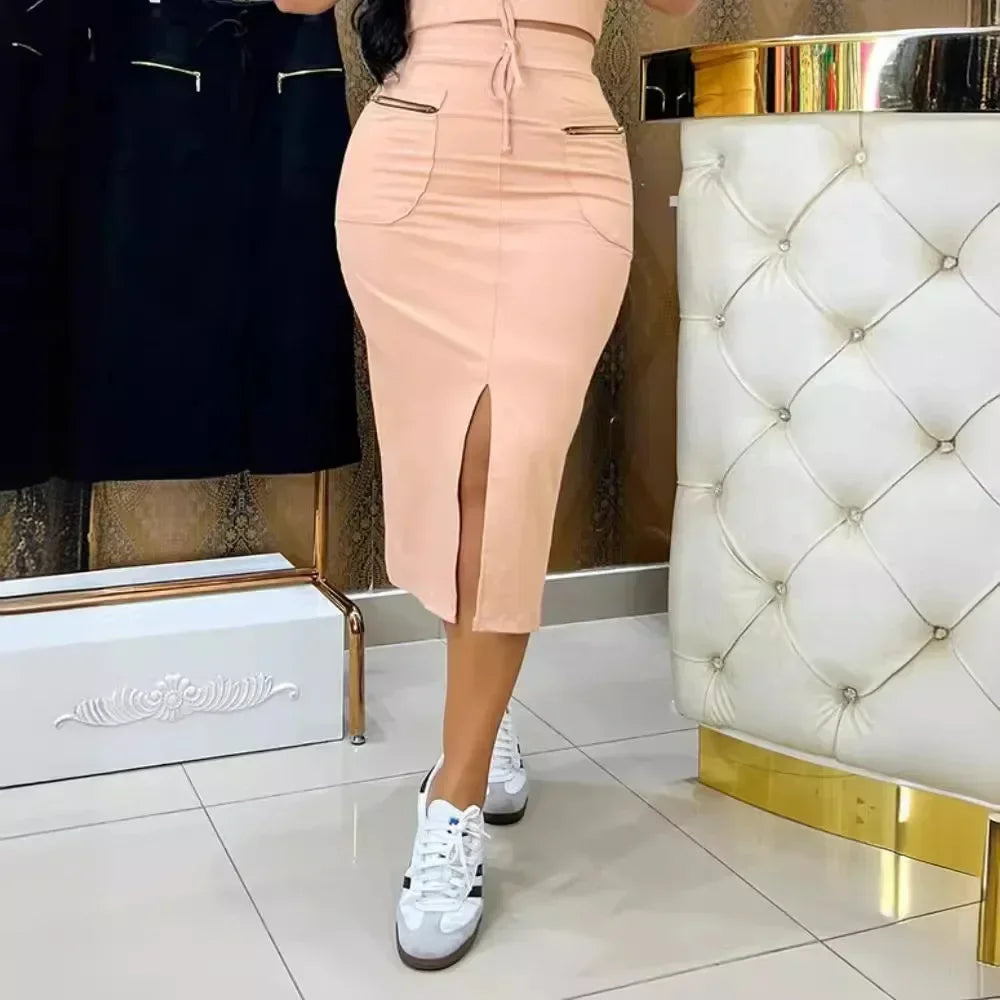 Ladies Top & Drawstring Slit Skirt Set Sexy Zipper Turn Down Collar.