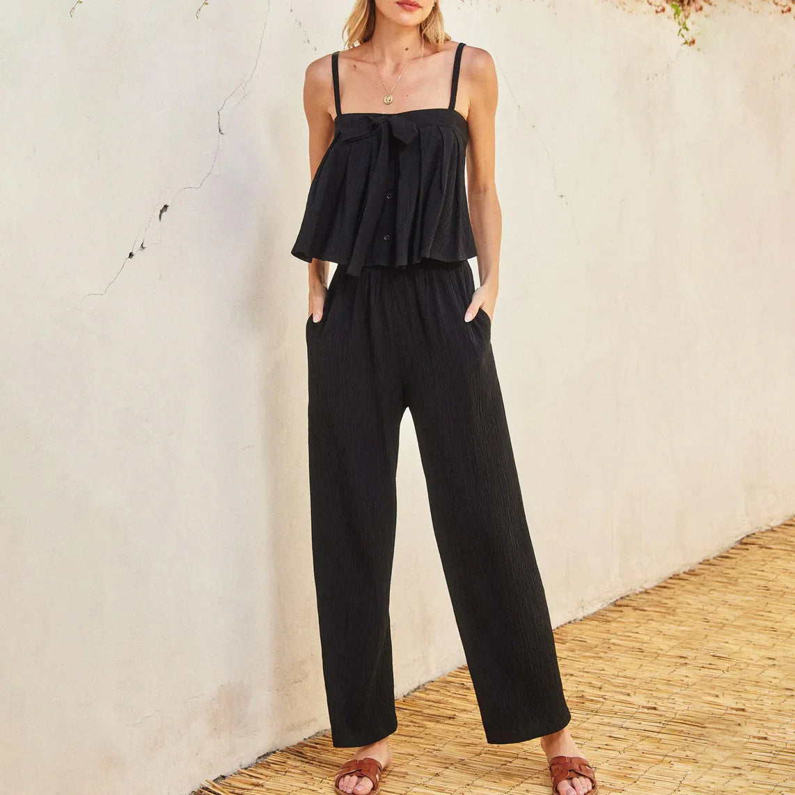2025 Summer Women's Casual Elegant Solid Colour Top + Trousers Fashion Two-piece set.  S-2X