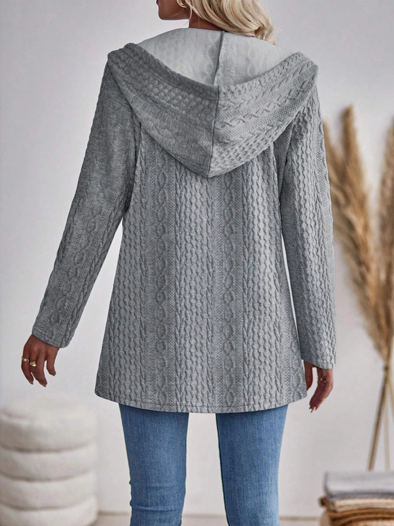 Elegant directional women's fashionable texture solid colour zipper hooded zip-up.  S-2x