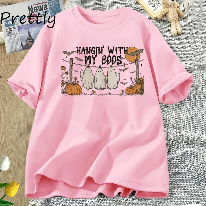 Unisex Funny Hanging Ghosts Halloween T-shirt Boos Cute Pumpkin Bat Casual Cotton Short Sleeve Round Neck Tee .  S-3X